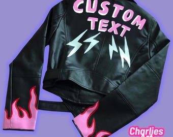 Hand-Painted Faux Leather Biker Jacket, Custom Text, Flame Design