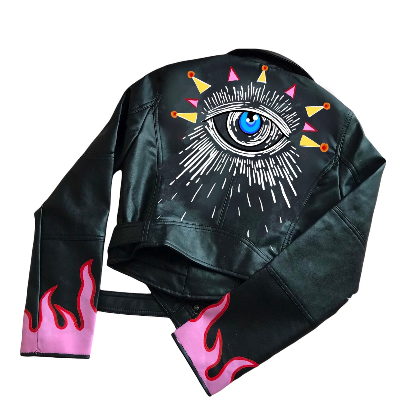 ジャケット・アウター style eyes M86101 leather jacket 36 Hand Painted Faux Leather Biker Jacket | Devil Eyes, Pink Flames