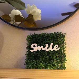 May include: A square wall decor piece featuring a dense, dark green artificial boxwood hedge background. Centered on the foliage is the word "Smile" written in white, cursive, three-dimensional lettering that stands out against the greenery.