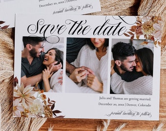 Floral Terracotta Wedding Save the Date Template with Photos for Rustic Fall Wedding in Mountains #004