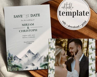 Mountain Wedding Save the Date Template to Download and Print, Forest Wedding Save the Date for Rustic Wedding Invitation #010