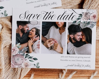 Rustic Wedding Save the Date Template with Photos, Dusty rose sage and mauve florals for unique garden greenery wedding #005