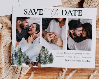 Mountain Wedding Save the Date Postcard with Photos for Rustic Forest Wedding in Mountain Lodge #010