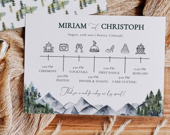 Mountain Wedding Timeline Template to Download, Wedding Day Schedule for Rustic Celebration in Forest with pine trees #010