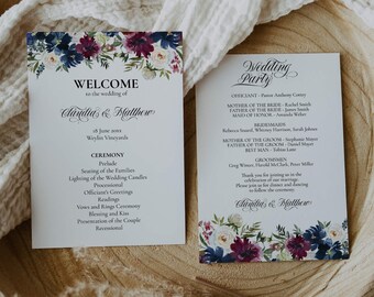 Burgundy Wedding Program Template Download, Rustic Itinerary Template Card for Guest, Greenery Wedding Decor #003