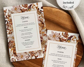 Fall Wedding Menu Card Template for Rustic Wedding in Autumn, Wedding Decor Table Card #004