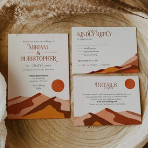 Boho Desert Wedding Invitation Template Suite ze szczegółami i kartą RSVP na nowoczesne, szykowne wesele w Kalifornii lub Arizonie #020