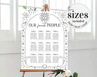 Celestial Wedding Seating Chart Template to Download for Modern Galaxy Wedding Decorations with Moon and Stars #061