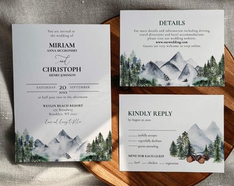 National Park Wedding Invitation Adventure Awaits Wedding Invite RSVP Details Card, Mountain Forest Pine Tree Rustic Printable Template #010