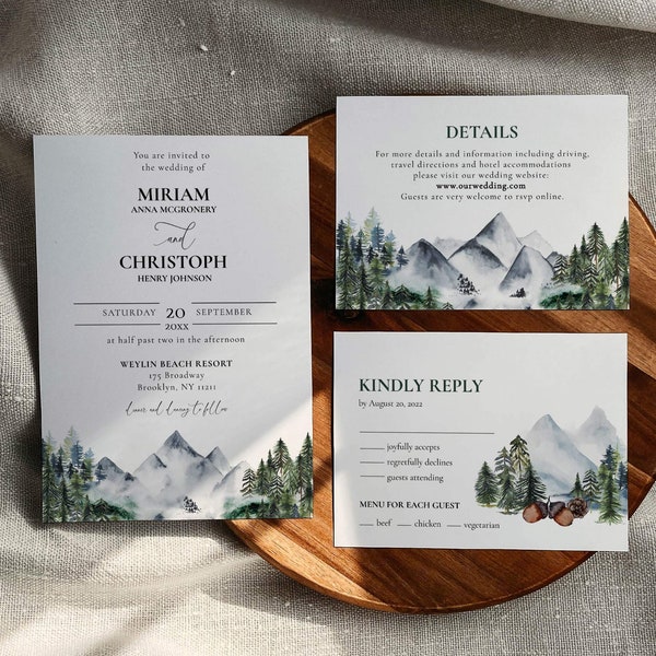 National Park Wedding Invitation Adventure Awaits Wedding Invite RSVP Details Card, Mountain Forest Pine Tree Rustic Printable Template #010