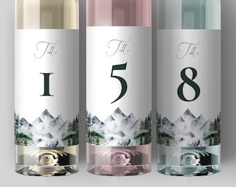 Mountain Wedding Table Numbers on Wine Label Template for Celebrations in Forest or Lake, Winter Wedding Table Decorations #010