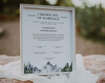 Marriage Certificate Mountains, Rustic Renewal Cert for natural wedding in forest #010