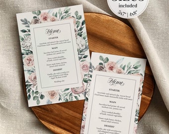 Rustic Menu Card Template, Menu Cards for dusty rose sage and mauve florals for rustic garden greenery wedding birthday or baby shower #005