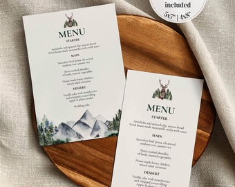 Let the Adventure Begin Menu Card Template Mountain themed Wedding Woodland Animal Baby Shower Forest Babyshower Decorations Template #010