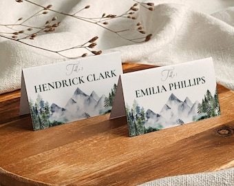 Adventure Awaits Place Cards Woodland Animal Decorations Forest Wedding theme with Pine Tree and Mountain Printable Food Label Template #010