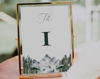 Let the Adventure Begin Editable Table Numbers for Forest Wedding, Woodland Mountain Baby Shower Decorations Adventure Awaits Template #010