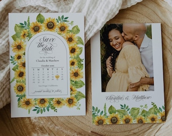 Sunflower Wedding Save the Date Calendar Template to Download, Rustic Wedding Invite #006