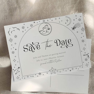 Sternenklare Nacht Save the Date Hochzeitspostkarte für Himmlische Hochzeit unter Mond und Sternen Template zum Downloaden #061