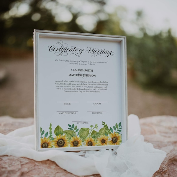 Certificat de mariage rustique pour le mariage de tournesol, cadeau unique pour le couple de la demoiselle d'honneur ou du meilleur homme, souvenir de mariage #006