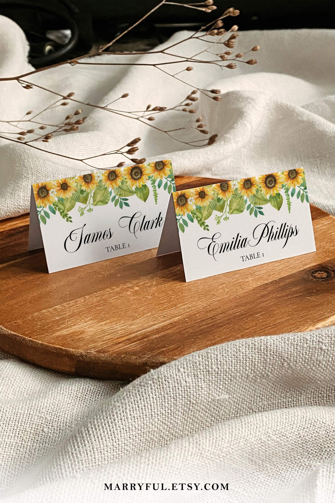 Sunflower Wedding Place Cards Template to Download and Print, Rustic