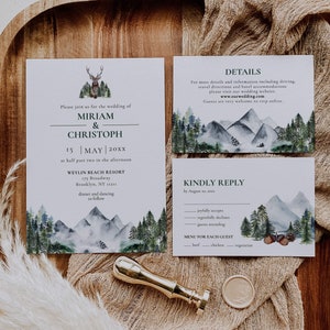 Mountain Wedding Invitation Template to Download, Wedding Invite for Rustic Wedding in Forest with pine trees and a stag 010 image 1