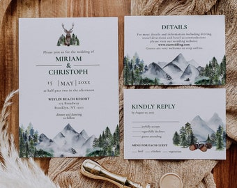 Adventure Awaits Wedding Invitation, Downloadable National Park Wedding Invite for Rustic Celebration Forest Pine Trees Hunter Template #010