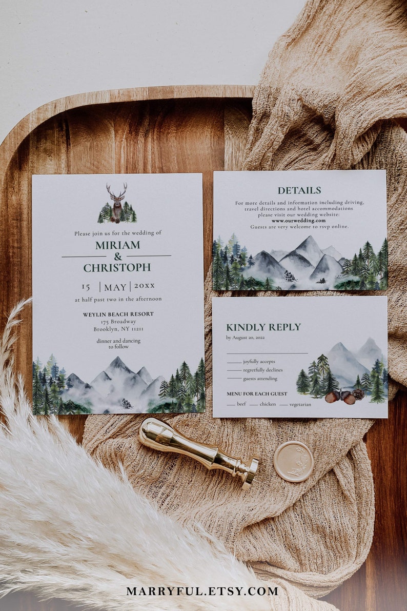 Mountain Wedding Invitation Template to Download, Wedding Invite for Rustic Wedding in Forest with pine trees and a stag 010 image 1