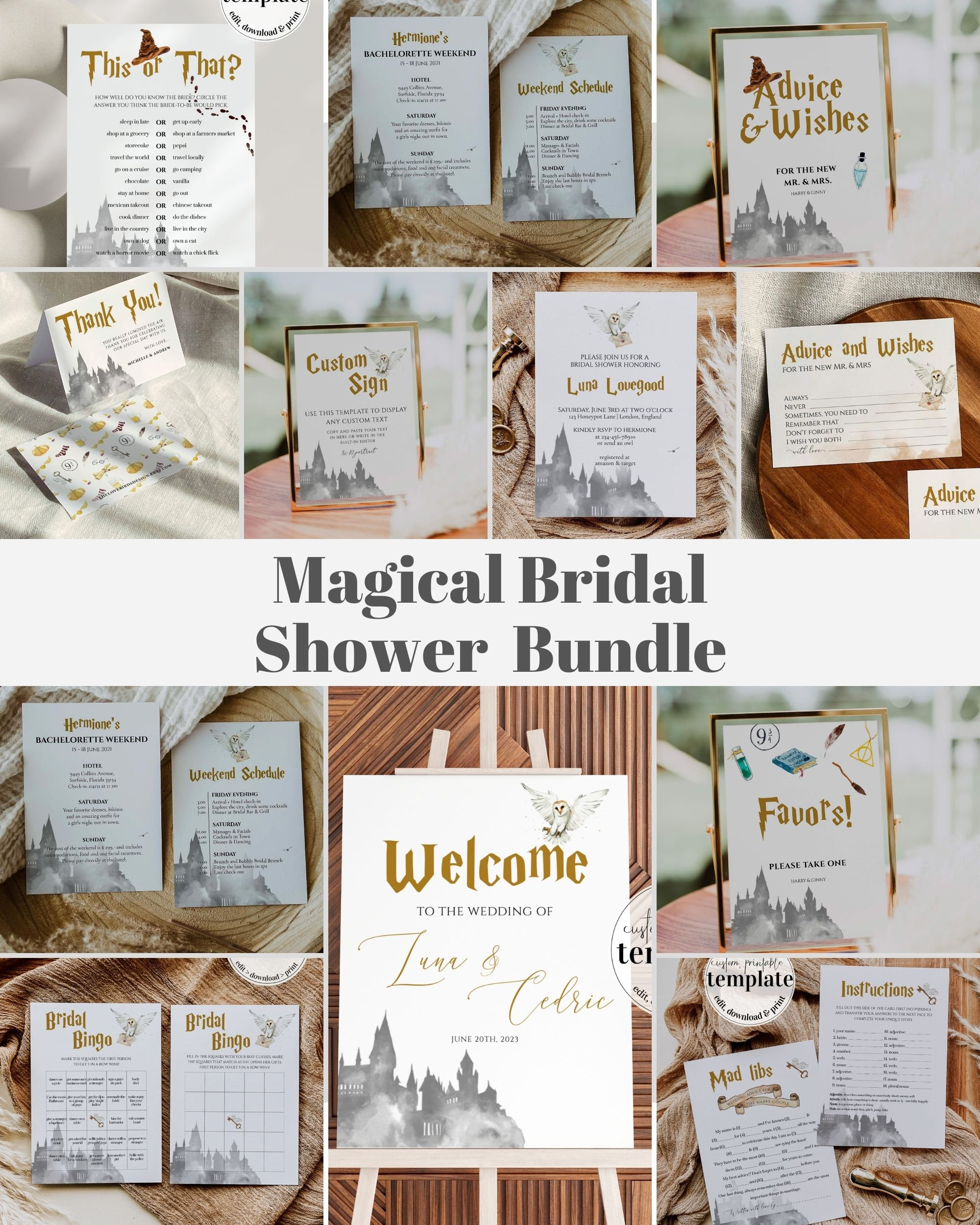 Wizard themed Bridal Shower Bundle: instant download printable invitation template, weekend schedule, games, signs and decor templates #051