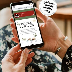 May include: A smartphone screen shows a website invitation with the text "BOOKS FOR BABY." The invitation includes butterfly illustrations and asks guests to bring a book instead of a card. A circular graphic says "Add your favourite Spotify song."