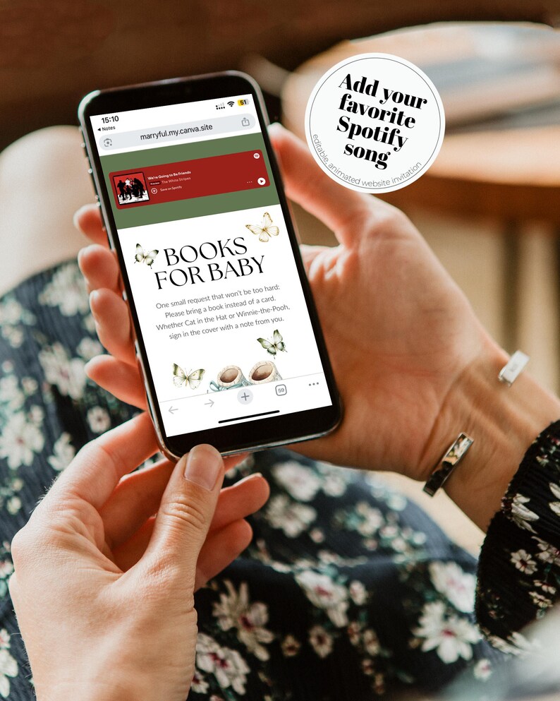 May include: A smartphone screen shows a website invitation with the text "BOOKS FOR BABY." The invitation includes butterfly illustrations and asks guests to bring a book instead of a card. A circular graphic says "Add your favourite Spotify song."