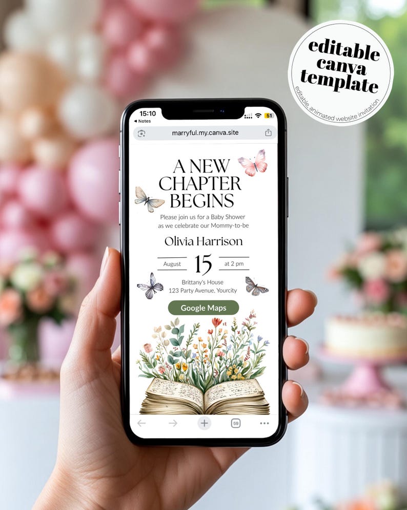 May include: A smartphone shows a baby shower invitation with the text "A New Chapter Begins" and butterfly and floral designs. The date is August 15th at 2 pm. The invitation is a Canva template.
