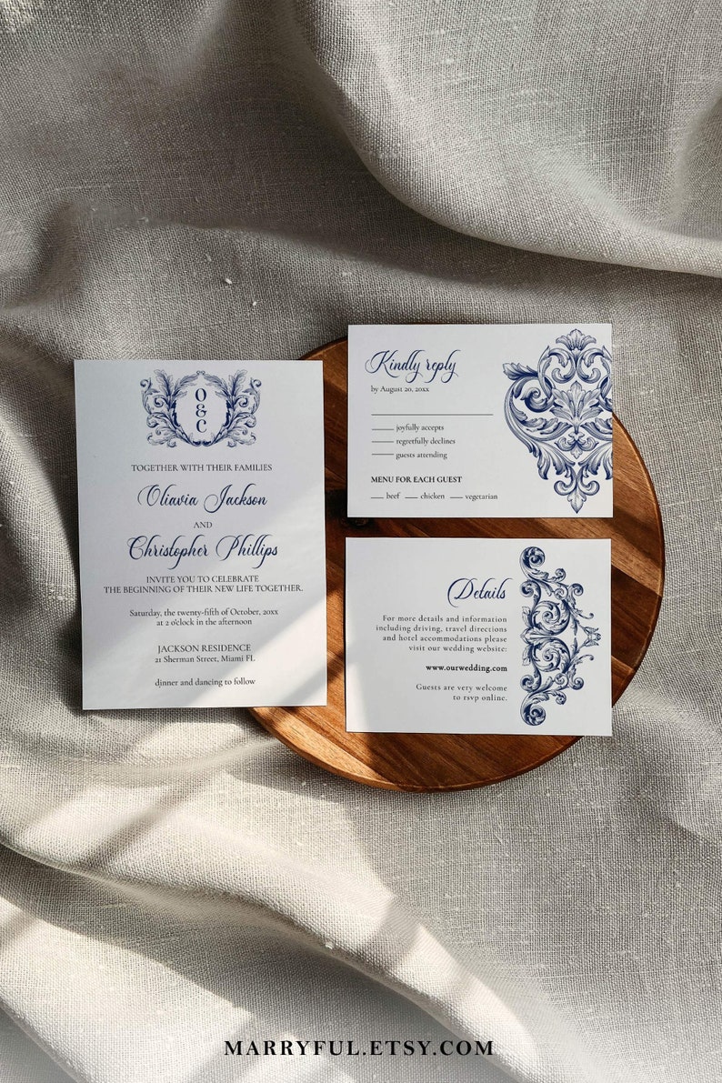 Baroque Wedding Invitation Template with Rsvp and Details Card, Historical Wedding Invite with instant download 030 image 1