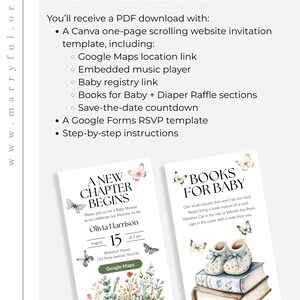 May include: Digital baby shower invitation template with floral and butterfly details. The invitation includes the text "A New Chapter Begins" and "Books for Baby". Includes a Google Maps link and RSVP information for the event.