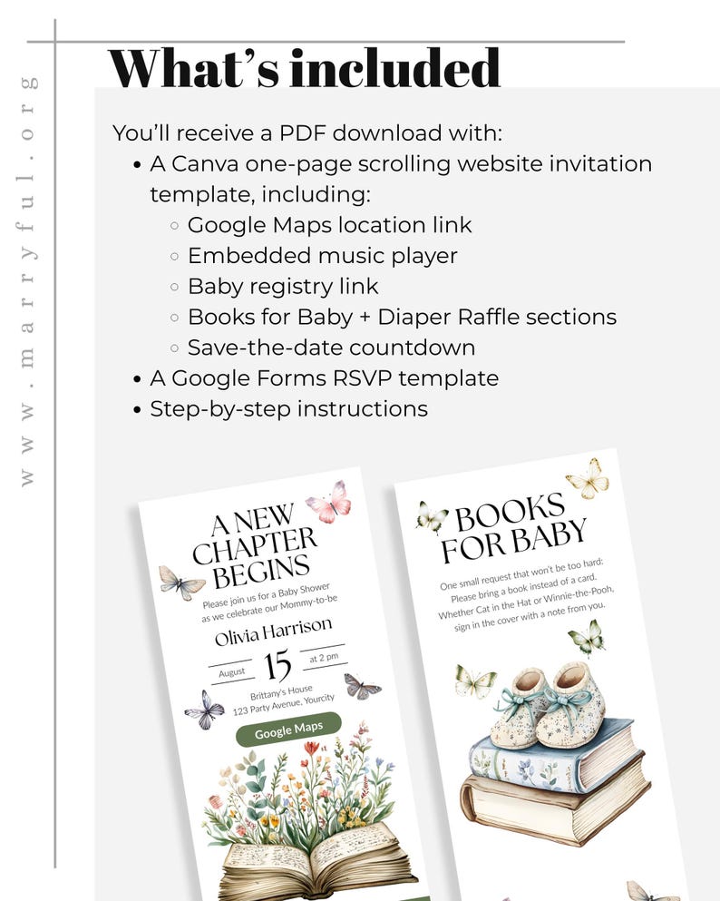 May include: Digital baby shower invitation template with floral and butterfly details. The invitation includes the text "A New Chapter Begins" and "Books for Baby". Includes a Google Maps link and RSVP information for the event.