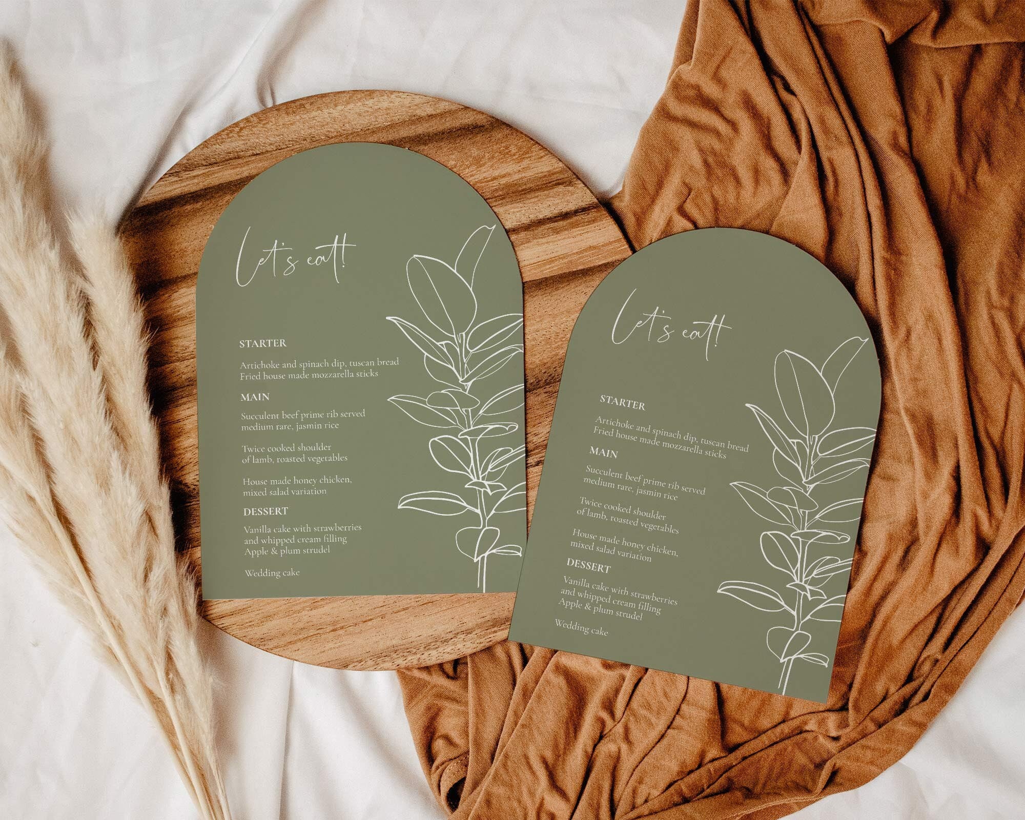 Sage Green Menu Card Templates with arch shape for boho greenery wedding with botanical elements #040