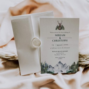 Mountain Wedding Invitation Template to Download, Wedding Invite for Rustic Wedding in Forest with pine trees and a stag 010 image 4