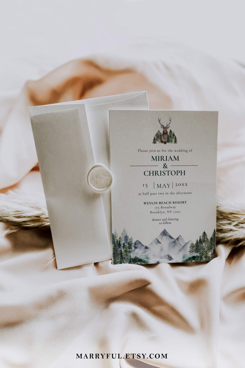 Mountain Wedding Invitation Template to Download, Wedding Invite for Rustic Wedding in Forest with pine trees and a stag 010 image 4