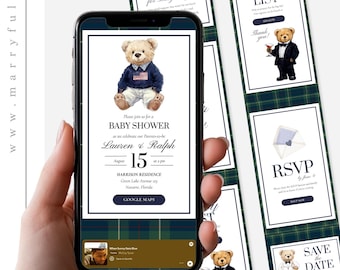 Vintage Preppy Teddy Baby Shower Website Invitation Template, Navy Green Plaid Classic Invite 068RL-WBSINV