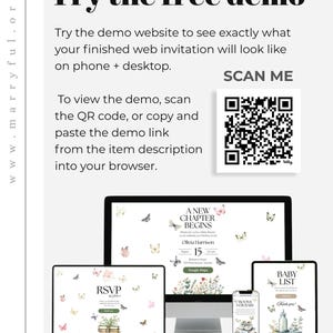 May include: A digital invitation design displayed on various devices, including a laptop, desktop, tablet, and phone. The invitation has a butterfly theme with the text "A New Chapter Begins." The image includes the text "Try the free demo" and a QR code.