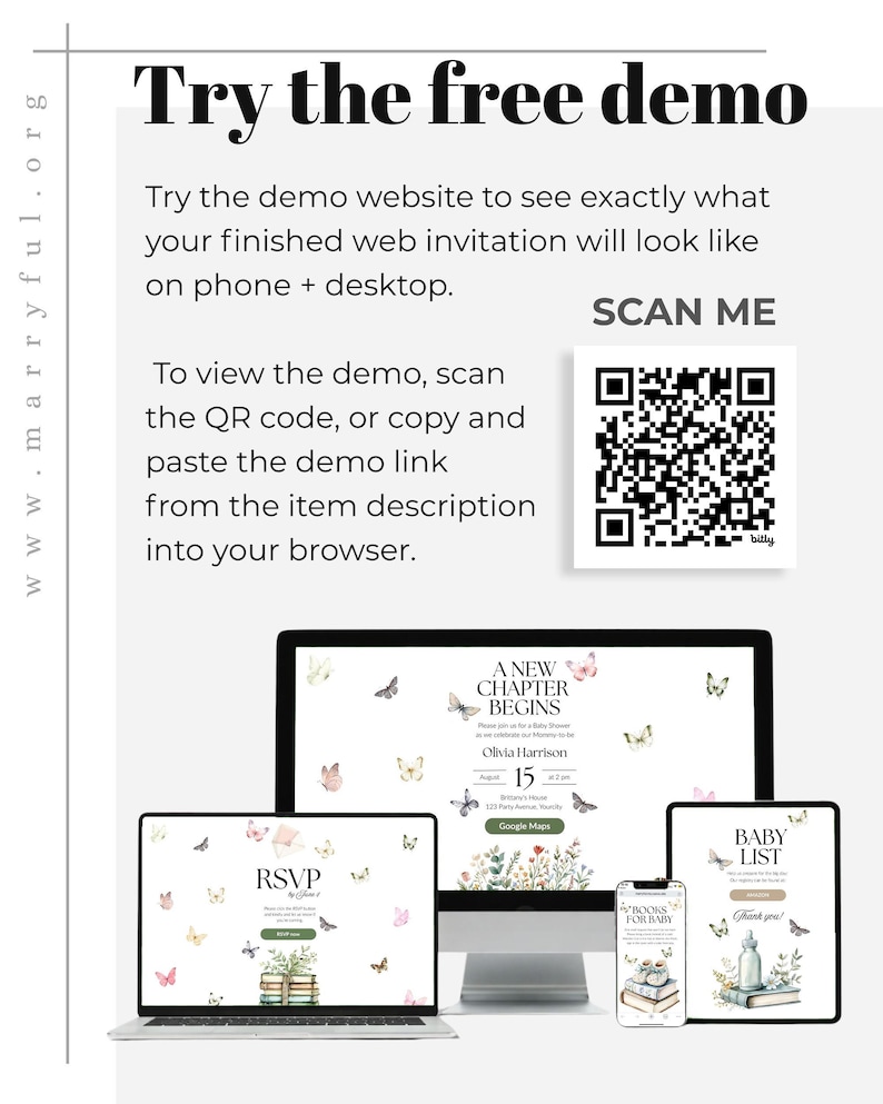 May include: A digital invitation design displayed on various devices, including a laptop, desktop, tablet, and phone. The invitation has a butterfly theme with the text "A New Chapter Begins." The image includes the text "Try the free demo" and a QR code.