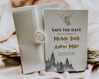 May include: Save the date card with a watercolor illustration of Hogwarts castle and an owl carrying a letter. The text reads "Save the Date for the wedding of Michelle Smith and Andrew Miller, Saturday, June 15th, formal invitation to follow."