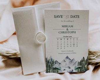 Adventure Awaits Save the Date Calendar Template, Forest Mountain National Park Wedding Invite, Downloadable Invitation Template #010