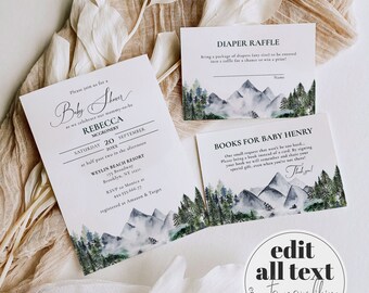 Adventure Awaits Baby Shower Invitation Bundle Downloadable National Park Babyshower Invite Rustic Forest Pine Trees Printable Template #010