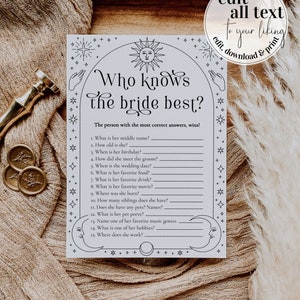 Könnte beinhalten: Ein druckbares Spiel "Wer kennt die Braut am besten?" mit einem Sonnen- und Monddesign. Das Spiel enthält 15 Fragen über die Braut, wie zum Beispiel ihren zweiten Vornamen, ihr Alter, ihren Geburtstag und ihr Lieblingsessen.