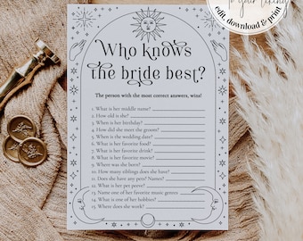 Who knows the Bride Best Bridal Shower Game with a Celestial Moon and Stars Theme | Printable Template #061