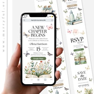 May include: A mobile phone screen shows a baby shower invitation with floral and butterfly designs. The invitation text reads "A New Chapter Begins". Other cards with baby-related themes and text are also visible in the image.