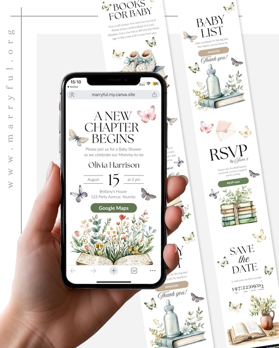 Baby Shower Website Invitation Template, New Chapter Begins Storybook Library Invite with RSVP 077ST-WBSINV