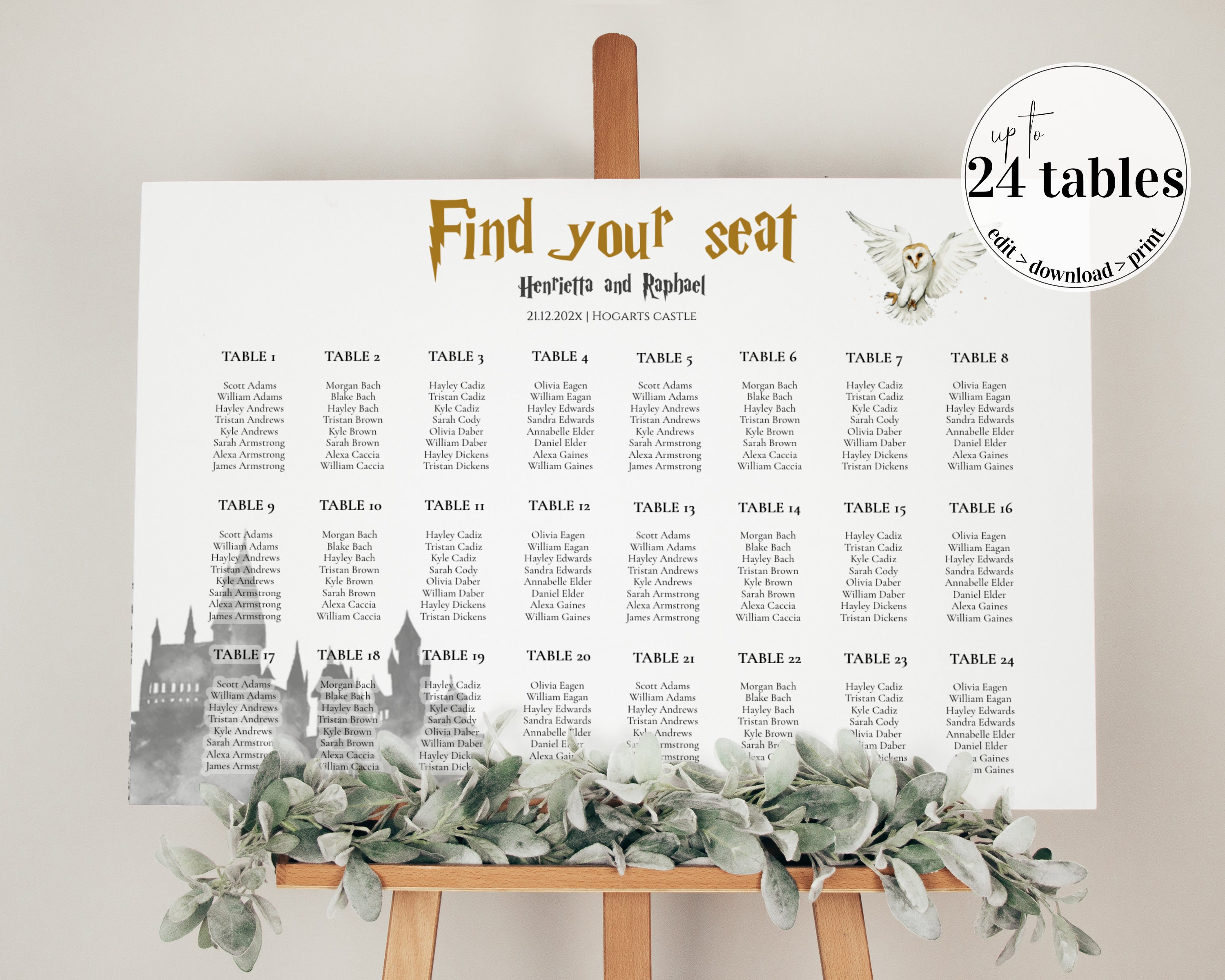 Wizard Seating Chart Template for 24 Tables for Magical Wedding Ceremony Instant Digital Download #051