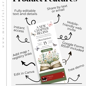 May include: A baby shower invitation design with the text "A New Chapter Begins." The invitation includes editable text, instant access, and a mobile-friendly web invite. Features include Google Forms RSVP and a free demo.