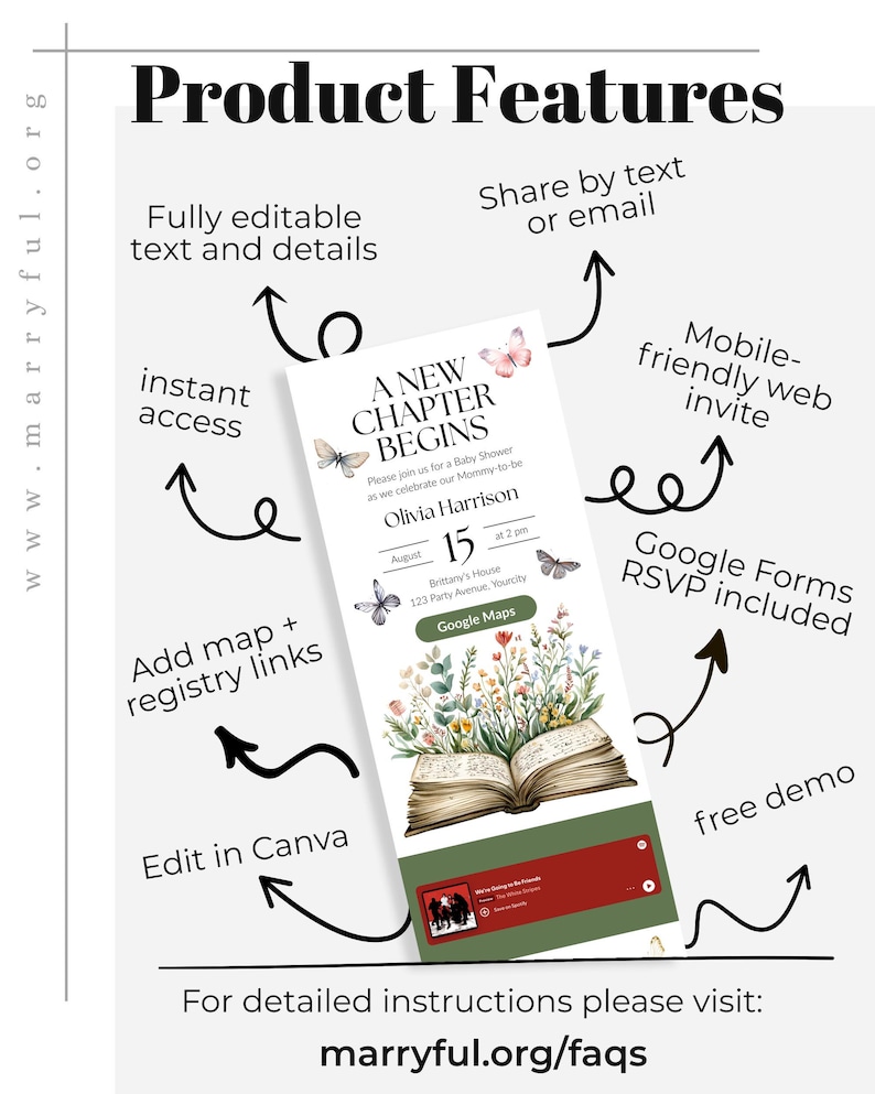 May include: A baby shower invitation design with the text "A New Chapter Begins." The invitation includes editable text, instant access, and a mobile-friendly web invite. Features include Google Forms RSVP and a free demo.